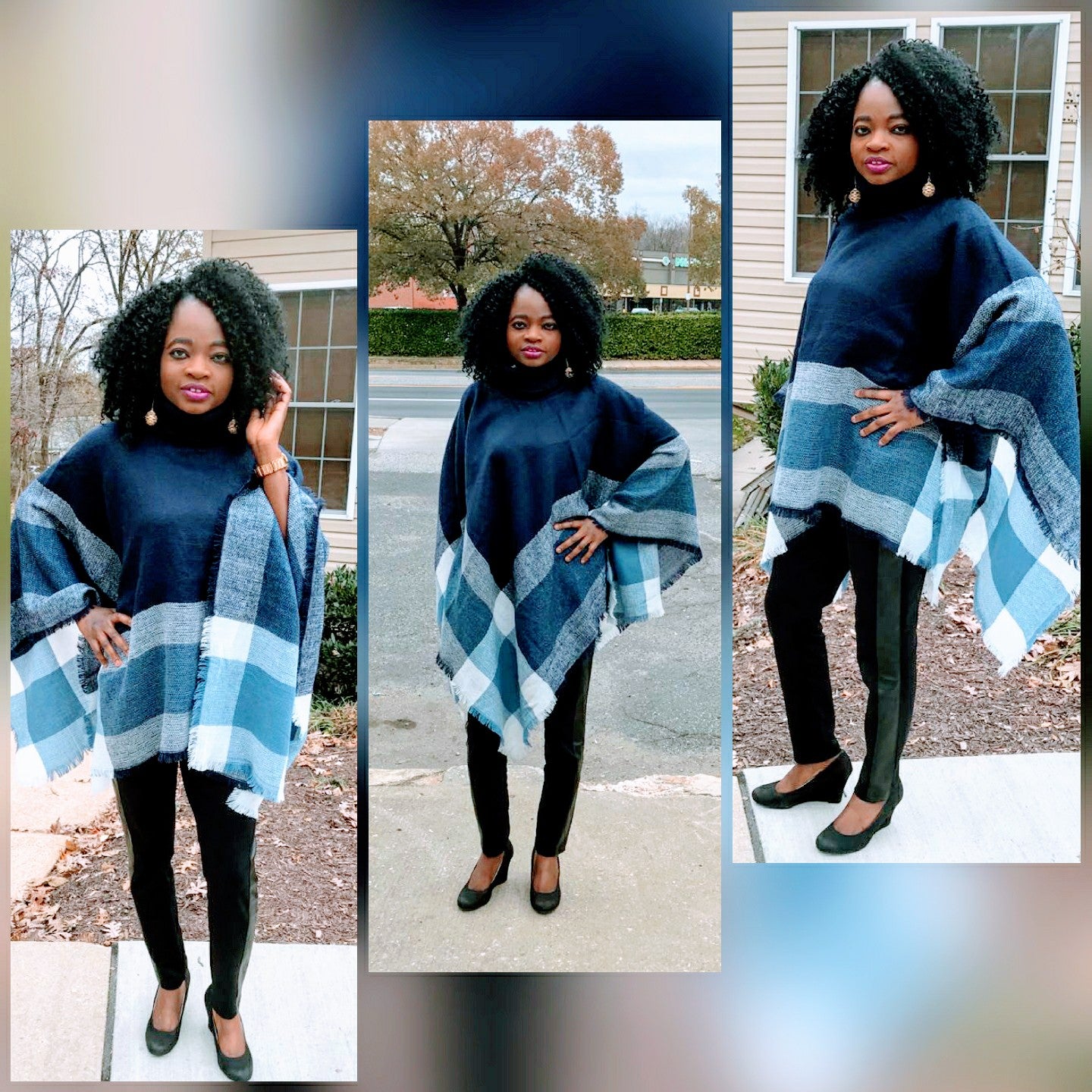 Turtleneck Poncho ( Navy Blue )