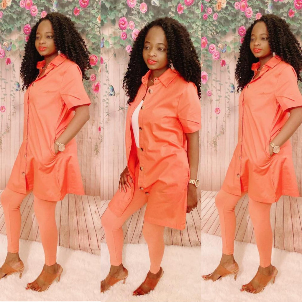 Coral Button Front Shirt Dress Set