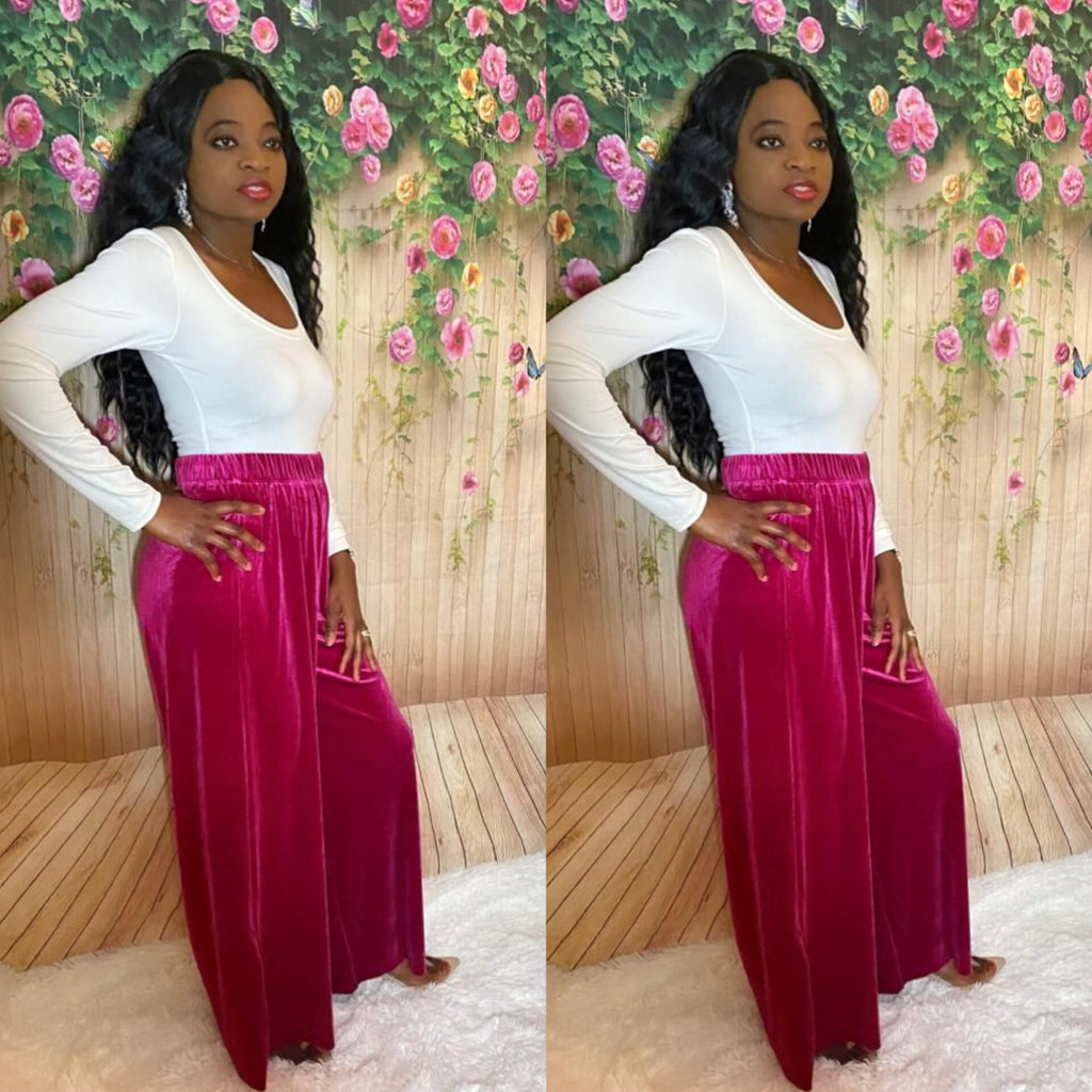 Velvet Wide Leg Pants (Magenta)